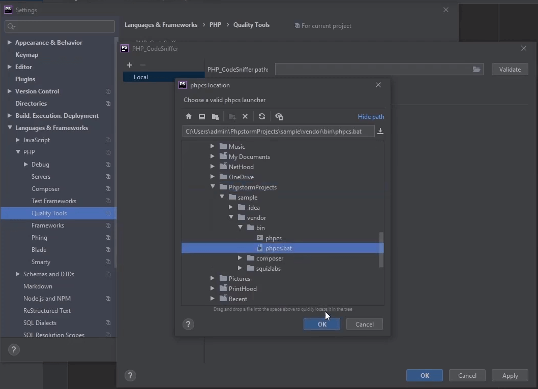 Installing and using Drupal PHP Code Sniffer on Phpstorm