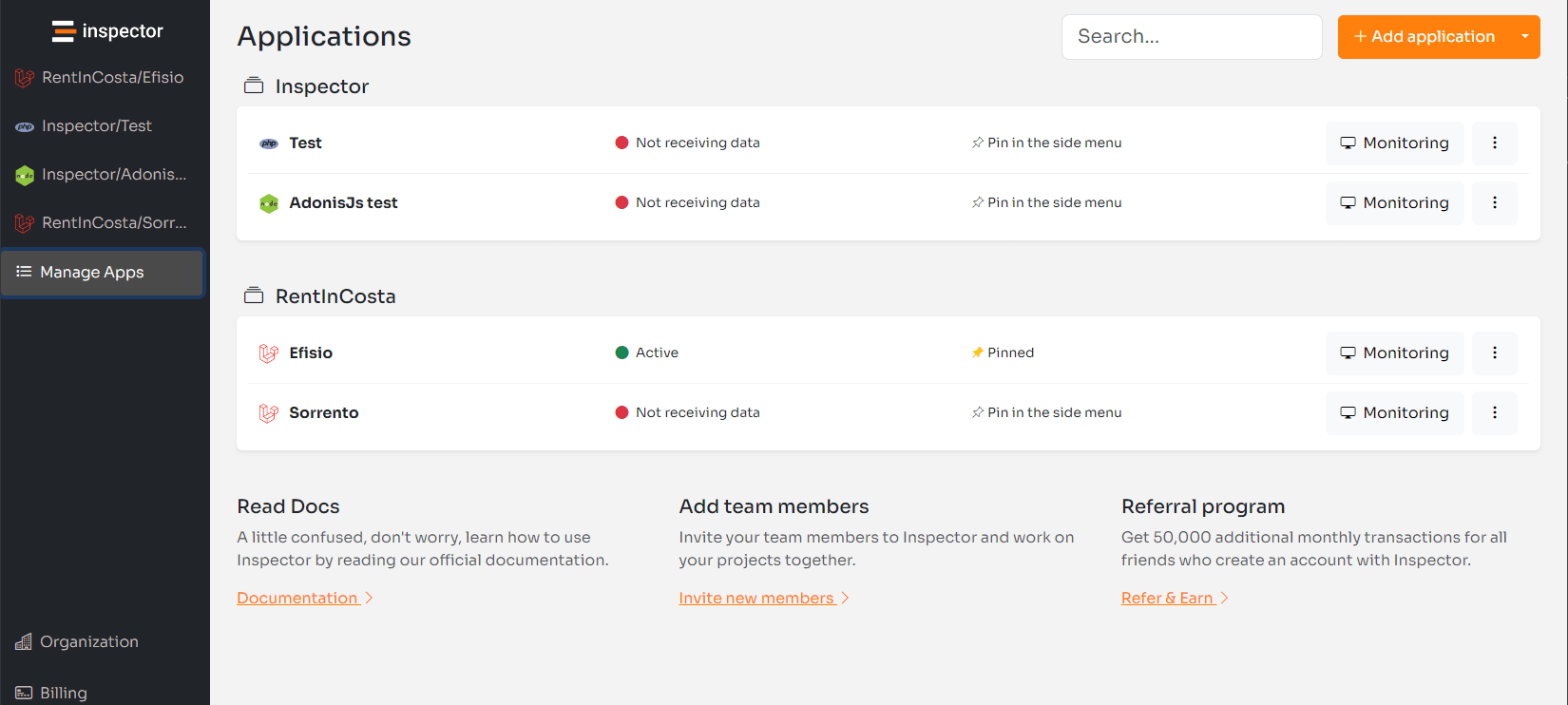 Group Monitored Applications into Projects