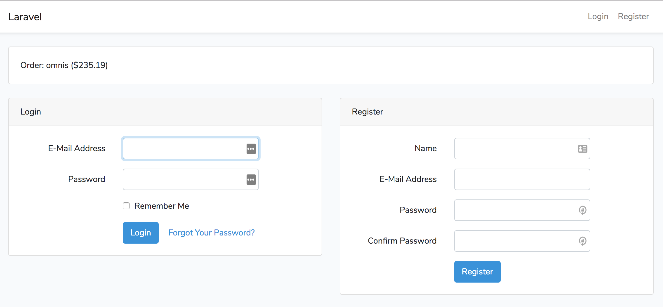 Laravel: Login and Register forms on the same page