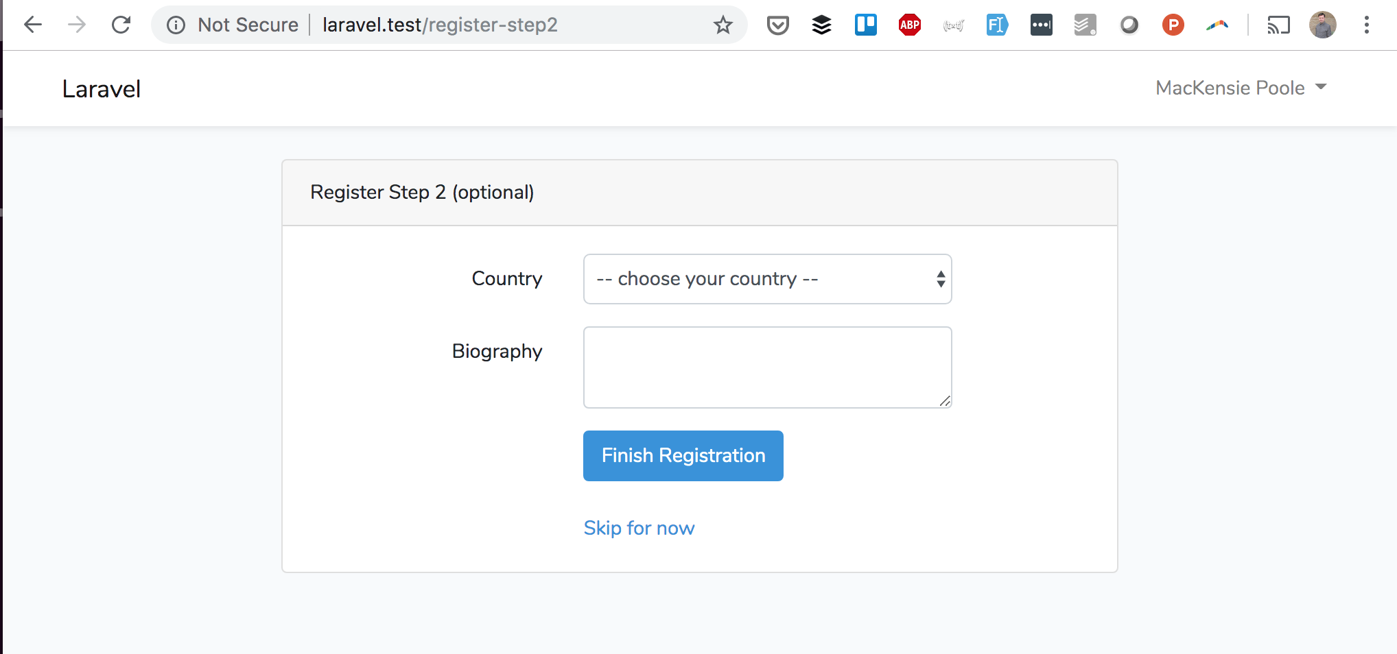 Laravel Two-Step Registration: Optional Fields for Country and Bio