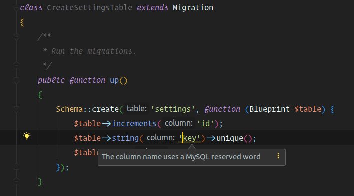 MySQL reserved words checker for Laravel migrations on PhpStorm